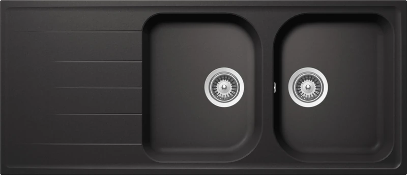 SCHOCK | Lithos 2 Bowl Kitchen Sink with Drip Tray, Reversible Bath, Cristalite® Material, Absolute Black, 1160 x 500 mm