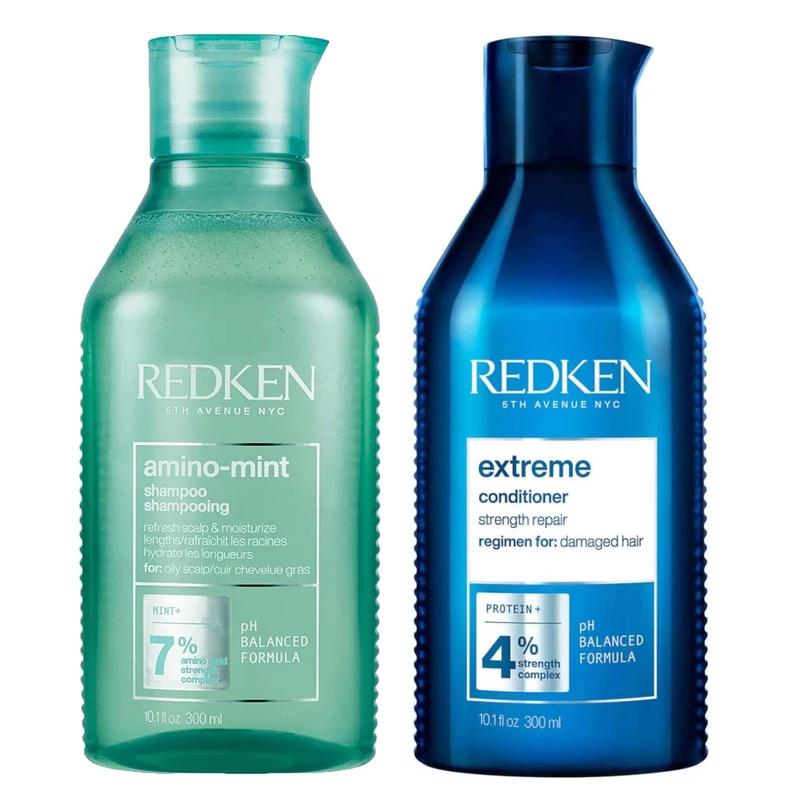 REDKEN Amino Mint Shampoo and Extreme Conditioner, Scalp Relief and Strength Repair Bundle, Cleanses and Purifies Greasy Hair, Conditions & Protects Damaged Hair, 300ml