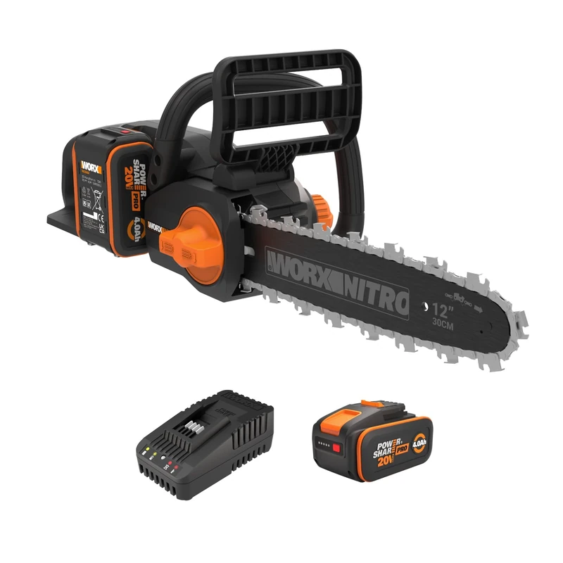 WORX WG350E Nitro Professional Battery Chainsaw 20 V - Powerful Wood Saw - 10 m/s - 30 cm Cutting Length - Compact & Safe - Automatic Lubrication - Easy Chain Tension - with 4Ah Battery & Charger