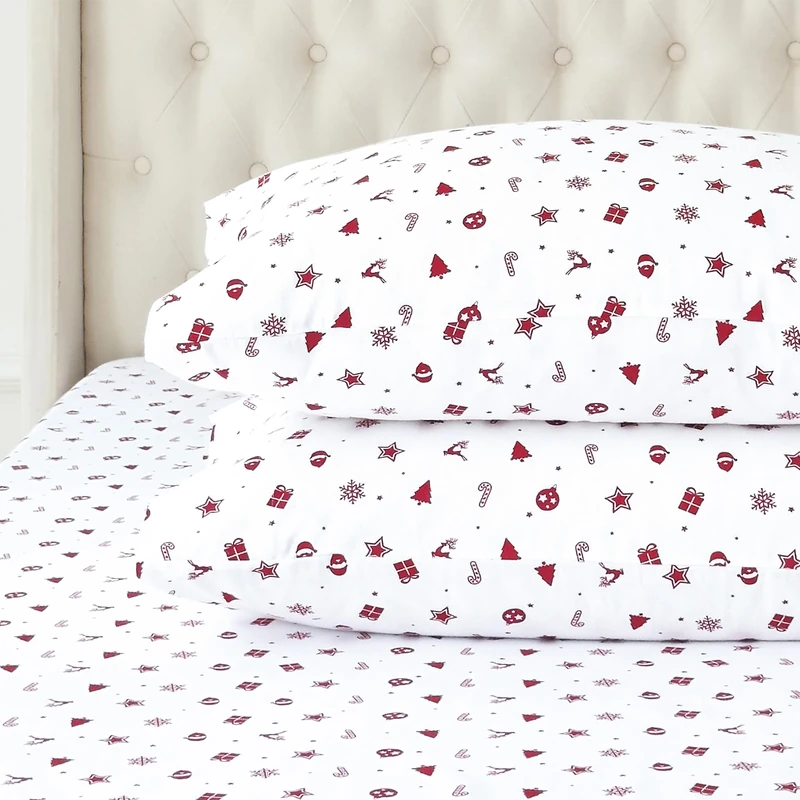 Elegant Comfort Ultra Soft 4-Piece 100% Turkish Cotton Flannel Sheet Set - Holiday Christmas Flannel Sheets, Warm and Cozy Premium Quality, Deep Pocket Fitted Sheet- Full, Red Stars