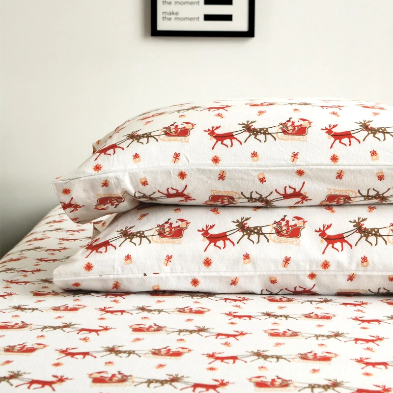 Elegant Comfort Ultra Soft 4-Piece 100% Turkish Cotton Flannel Sheet Set - Holiday Christmas Flannel Sheets, Warm and Cozy Anti-Pill Premium Quality, Deep Pocket Fitted Sheet- Queen, Santa Sleigh
