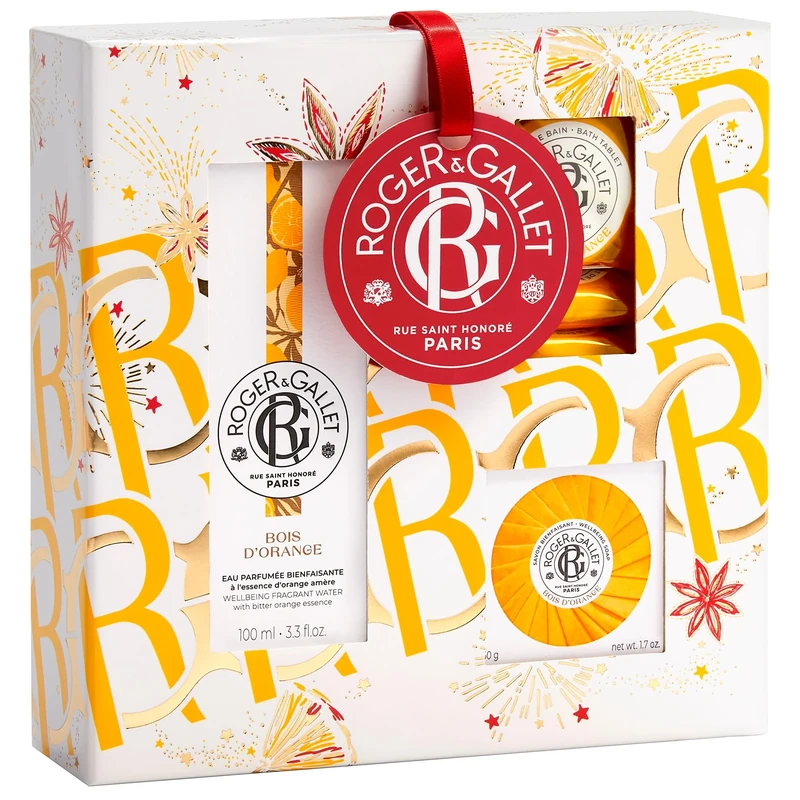 Bois DOrange Set by Roger & Gallet for Unisex - 5 Pc Gift Set 3.3oz Wellbeing Fragrant Water, 1.7oz Wellbeing Soap, 3 x 0.88oz Bath Tablets