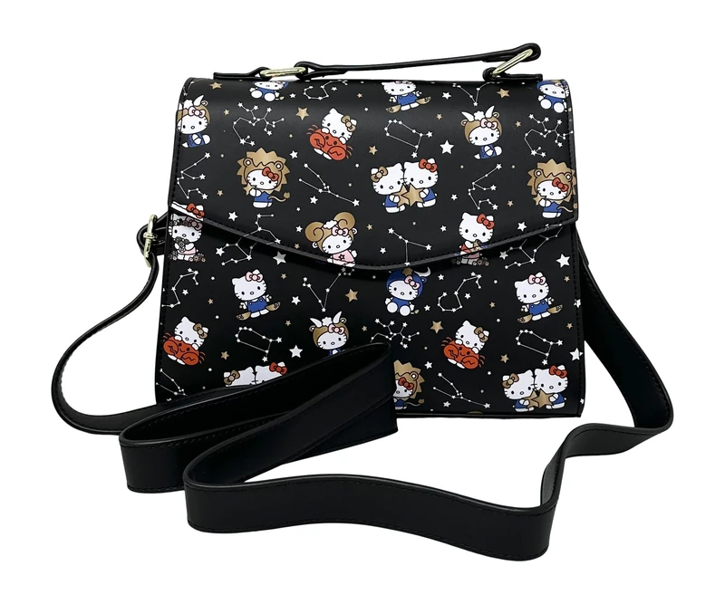 Loungefly Sanrio Hello Kitty Zodiac Allover Print Crossbody Satchel Handbag Purse, Black, M