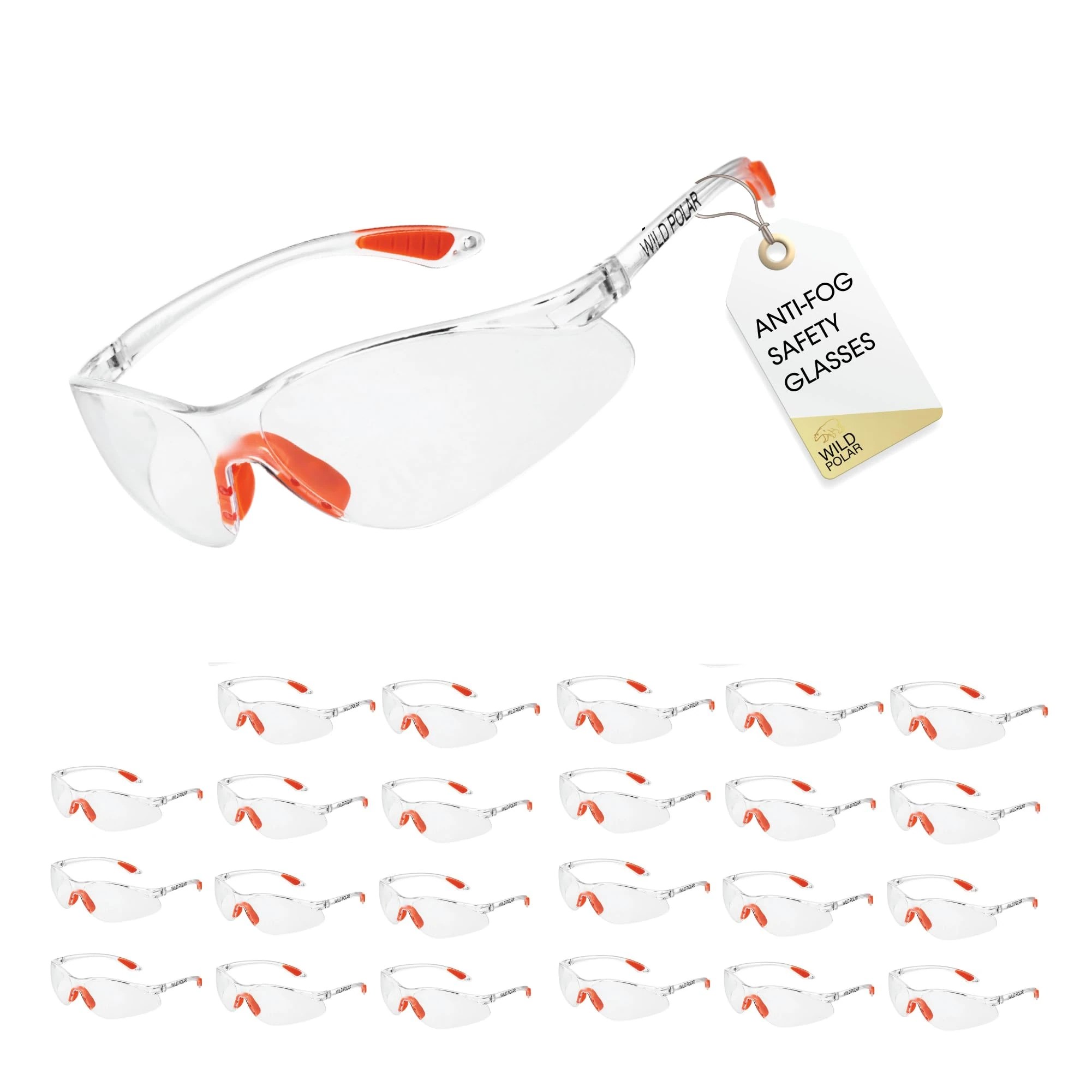 Wild Polar Safety Glasses - Clear Lenses, Anti-Fog Eye Protection Goggles with Orange Nose and Ear Grips - 12, 24 & 48 packs - Lightweight & Durable, Comfortable Fit for Work, Lab, DIY & Outdoor Use
