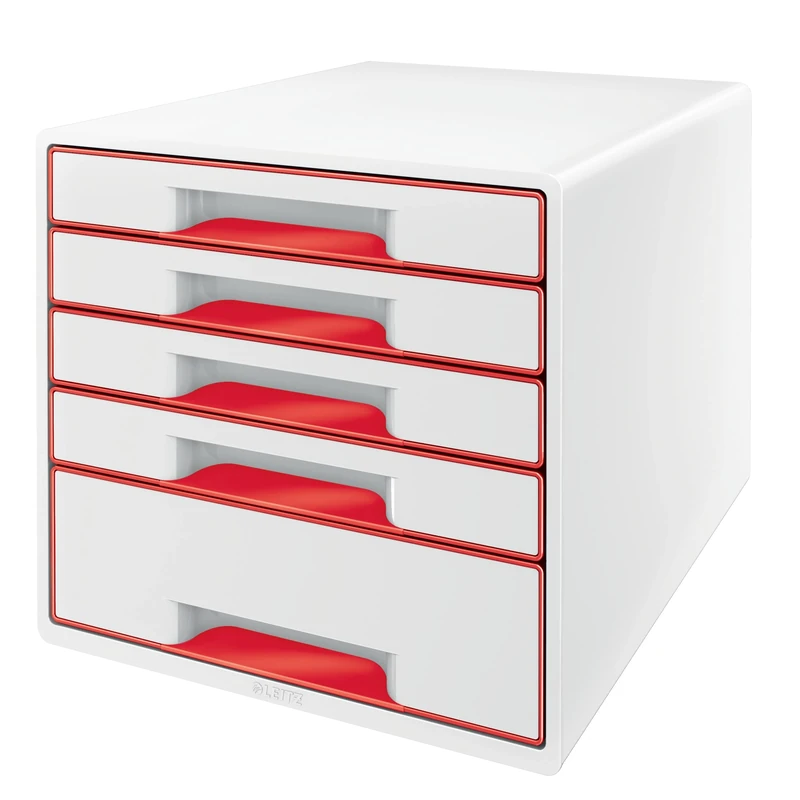 Leitz WOW 5 Drawer Cabinet, A4 Desk Drawer Cabinet with Transparent Organiser Tray, 4 Small 1 Large Drawers, White/Red, 52132026