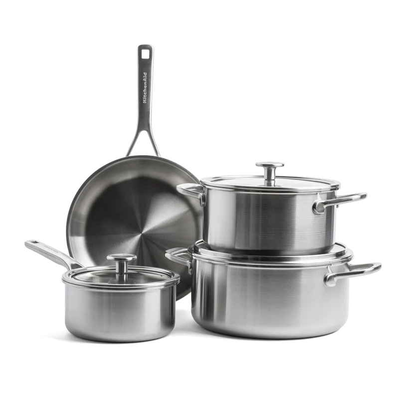 KitchenAid Multiply 3PLY 7-Piece Stainless Steel Cookware Pots and Pans Set, Incl. Frying Pan, Casserole, Saucepan, PFAS-Free, Triply, Multiclad, Induction Suitable, Oven Safe up to 220°C, Silver