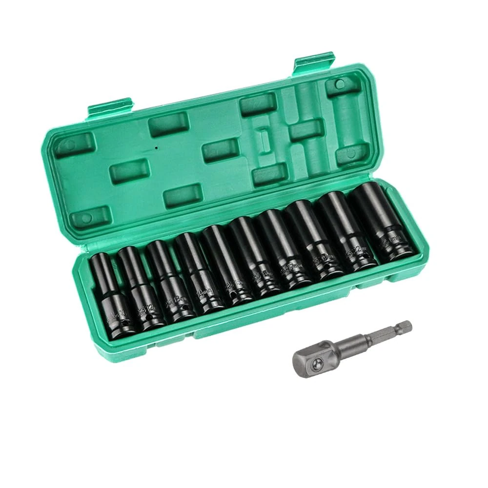 Deep Impact 11pcs 1/2" Drive Socket Set, 10-24mm, with Adapter & Storage Box, for Car & Home Repair