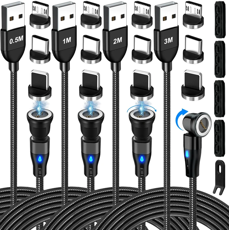 AXFEE 4Pack USB C Magnetic Fast Charging Cable - 1.6/3.3/6.6/9.8ft, 18W, 540° Data Transfer, 7Pin Magnetic Charger for Type C/Micro USB/i-Products