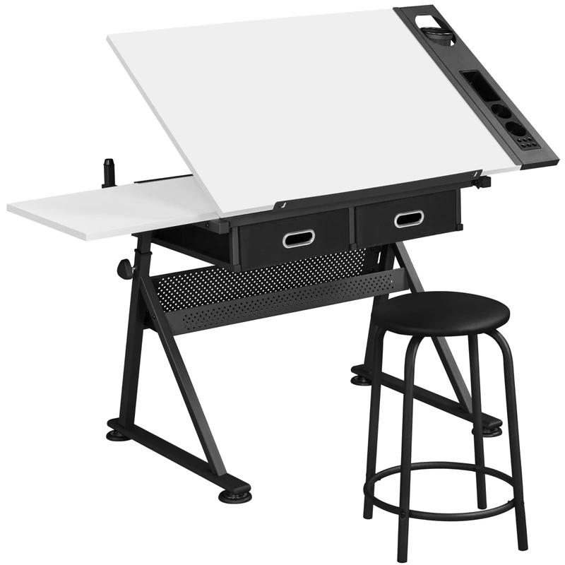 Yaheetech Adjustable Height Drawing Table Craft Table for Adults with Storage Drawers, Folding Artist Table Tiltable Art Painting Table Professional Art Workstation with Extra Side Desktop, White