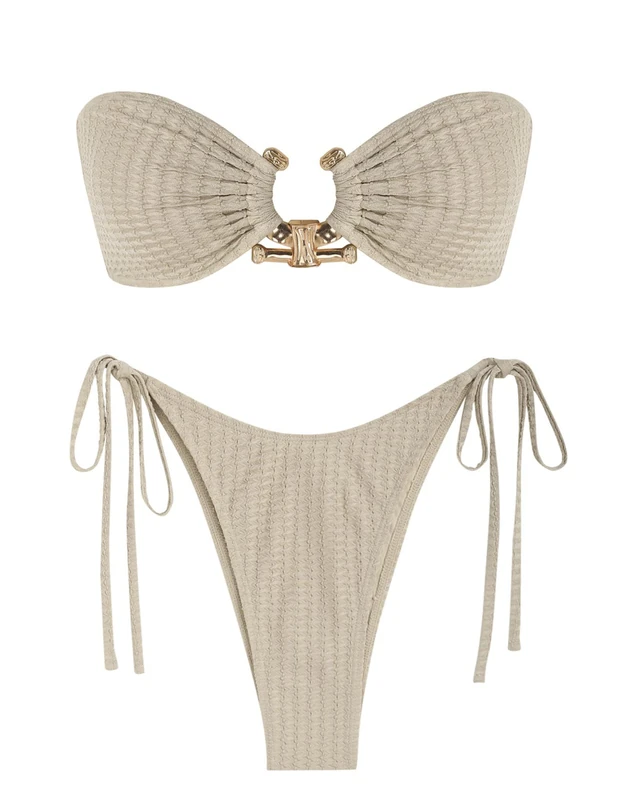 ZAFUL Metal Ring Bandeau Bikini Set Tie Side Bathing Suit High Cut 2 Piece Swimsuit Cutout Swimwear, Beige, S