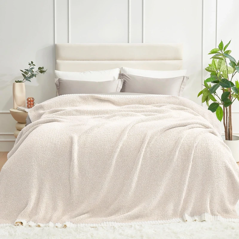Snuggle Sac Queen Size Bedding Blanket Ivory, Oversized Super Soft Bed Blankets Warm Cozy Knit Fuzzy Microfiber Blankets for Bed, Heather Ivory, 90 x90