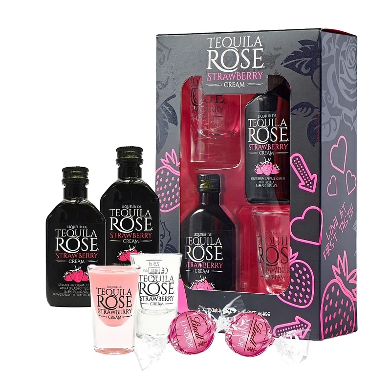 Tequila Rose Gift Set for Couple Gifts - Cream Liqueur 2x4.9cl Miniature Alcohol Bottles, Shot Glasses & 2 Strawberry Cream Lindt Chocolate Truffles. Birthday Gifts for Women, Christmas Gifts