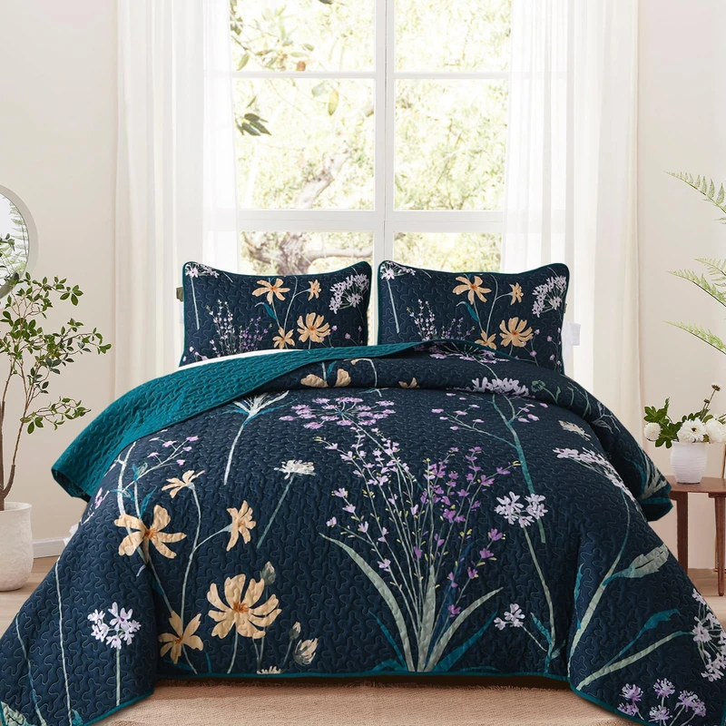 Dobuyly Floral Quilt Set King Size Dark Green Botanical Bedspread Coverlet Set 3 Pieces Soft Lightweight Microfiber Flower Quilt Bedding Set for All Season, 104"" x90, ND06AC080728K3U-G
