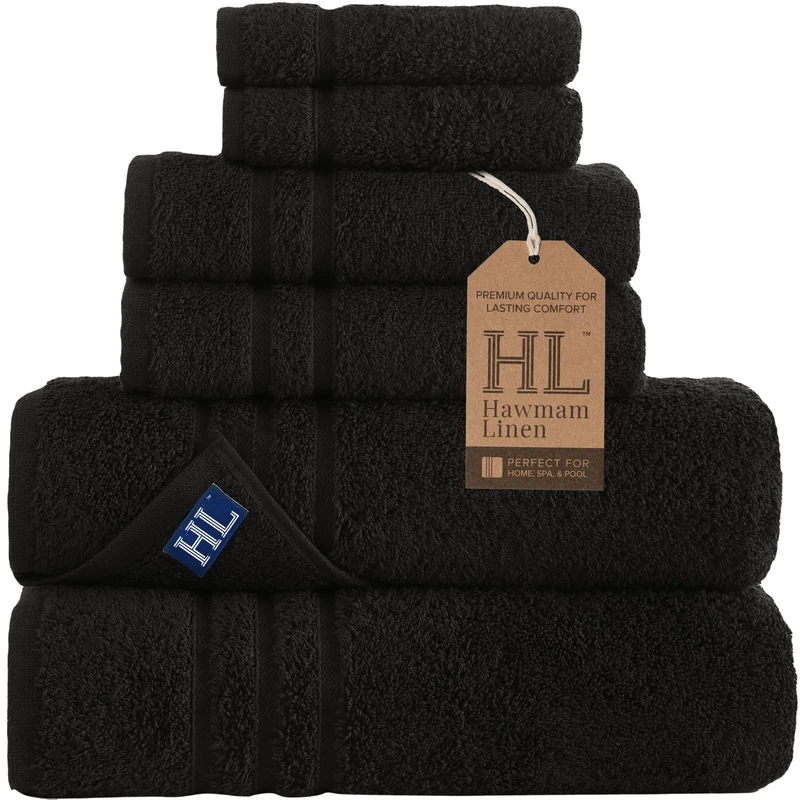 Hawmam Linen Black 6 Pack Bath Towels Sets Linen for Bathroom Original Turkish Cotton Soft, Absorbent and Premium 2 Bath, 2 Hand, 2 Washcloths