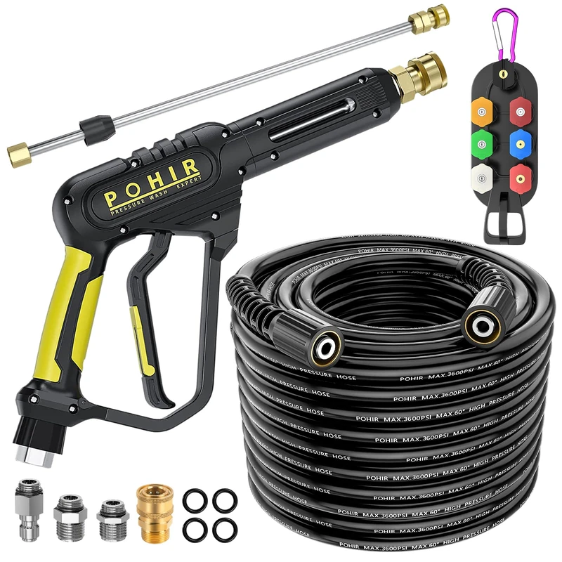 POHIR Pressure Washer Gun and Hose 3600 PSI, Pressure Washer Hose 50ft and Gun, 3/8" Quick Connect Swivel, M22 15mm/14mm Fittings, 30" Extension Wand & 7 Nozzle Tips - for Home & Outdoor Cleaning