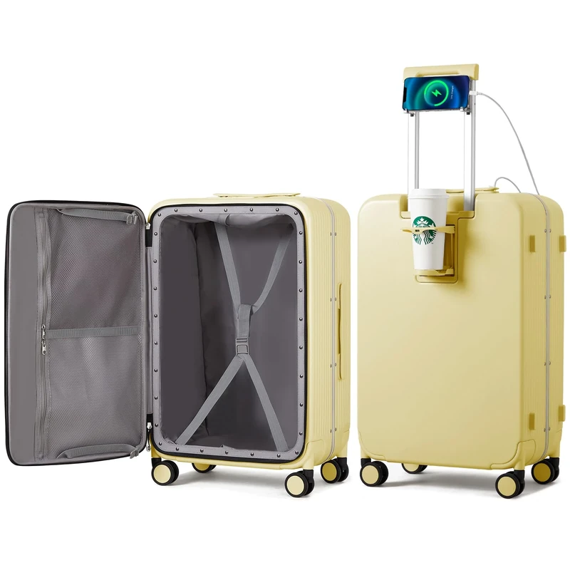 mixi Luggage PC Hardside Rolling Suitcase with Spinner Wheel TSA Lock with Cup Phone Holder, Lark Yellow, 0, Fashionable and Multifunctional