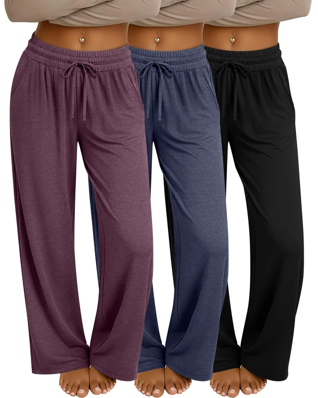 Neer 3 Pack Women's Baggy Sweatpants with Pockets, Wide Leg Yoga Pants Cozy Thick Lounge Pants Drawstring Casual Loose Jogger(X-Large,Purple Red, Navy Blue, Black) - Image 1