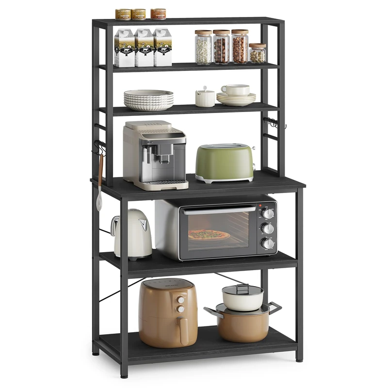 VASAGLE Kitchen Storage Rack, Coffee Bar, Baker's Rack, Total 6 Shelves and 6 Hooks, for Microwave, Steel Frame, Industrial, 40 x 80 x 167 cm, Charcoal Grey and Ink Black KKS019B22