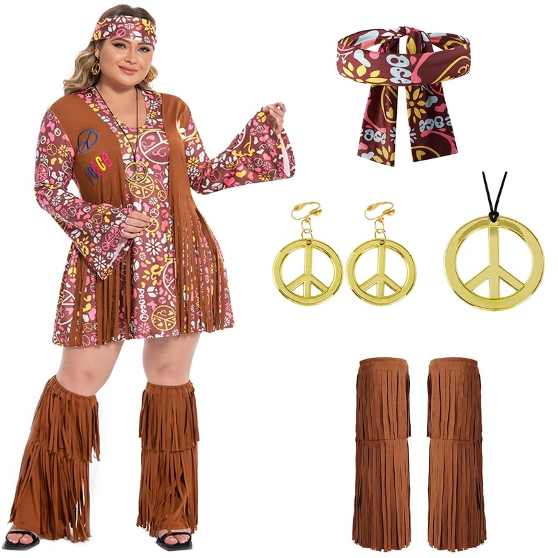 Fairycece Women 70s Hippie Costume Set 3XL