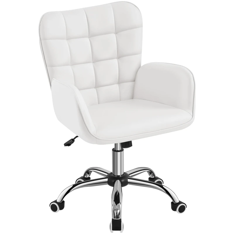 Yaheetech Faux Leather Office Chair Ergonomic Makeup Chair Modern Mid-back Vanity Chair w/Wide Seat, Padded Armrests for Living Room, Bedroom White
