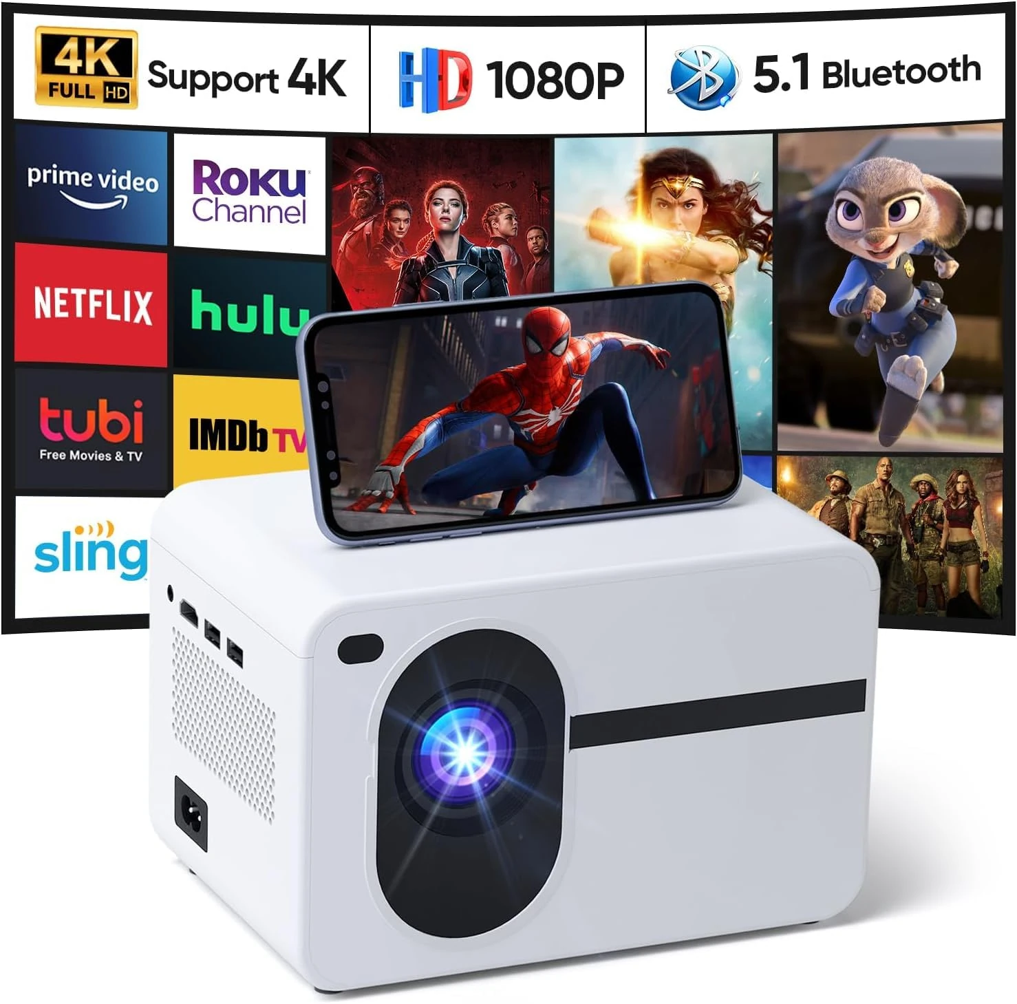 Smart Projector Built-in Apps, Android 11 Native 1080P WiFi 6 Bluetooth 5.2, 4K Supported, Low Fan Noise (<30dB), 120° Adjustable Stand, Home Cinema Projector for iOS/Android/PS5 ZZ-B036
