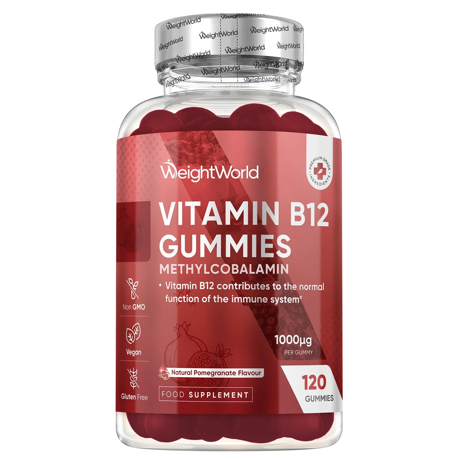 Vitamin B12 Gummies - 120 Gummies - 4 Months Supply - 1000mcg - Tasty, Natural Pomegranate Flavour - 1 per Day - Vegan & Gluten-Free - Methylcobalamin Form for Easy Absorption - B12 Vitamin Supplement