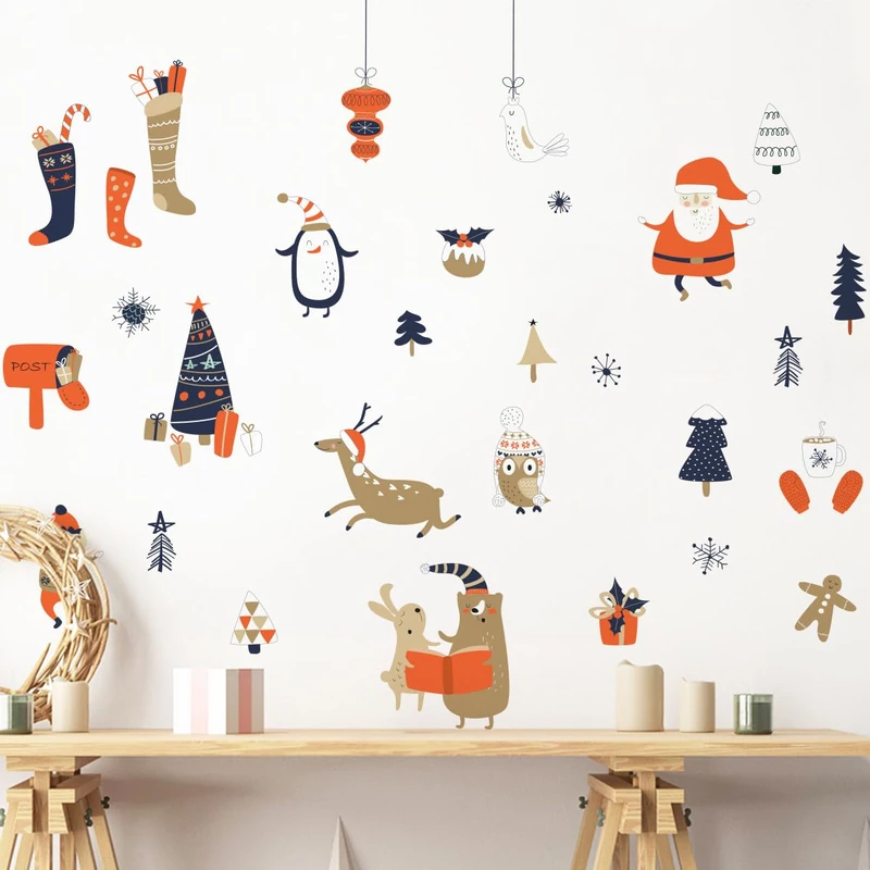 Ambiance Sticker Christmas Merry Christmas Self-Adhesive Stickers Christmas Decoration for Bedroom and Living Room Santa and His Animals – H110 x L115 cm - Image 1