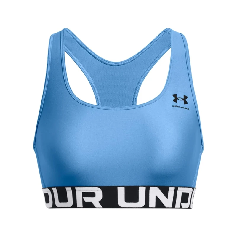 Under Armour HeatGear Authentics Mid Impact Branded Sports Bra, Viral Blue/Black, L