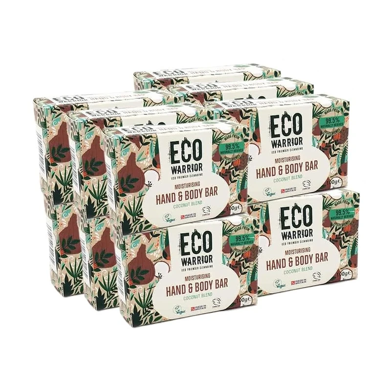 Eco Warrior Moisturising Body & Hand Soap Bar (12 x 100g) | Vegan, Natural, Cruelty Free, Eco Friendly, No SLS or Parabens | Richly Nourishing Coconut Blend and Pure Essential Oils Including Vanilla