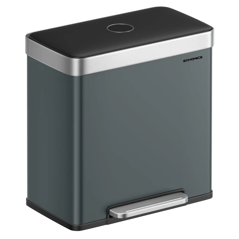 SONGMICS Kitchen Bin, 2 x 30L Stainless Steel Pedal Rubbish Bin with 15 Trash Bags, Recycling and Waste, with Plastic Inner Buckets, Lid, Soft Closure, 58.2 x 36.5 x 60.5 cm, Greenish Grey LTB202G01