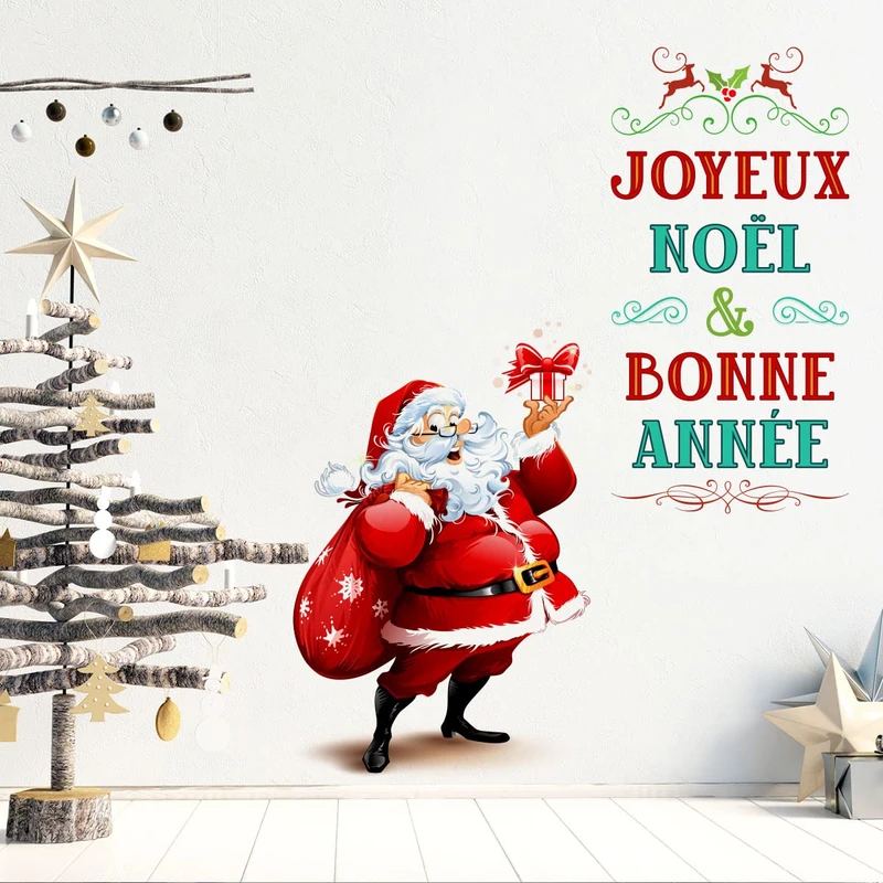 Ambiance Sticker Christmas Merry Christmas Stickers Stickers Christmas Decoration Parties for Bedroom and Living Room Santa Merry Christmas and Happy New Year – H60 x L70 cm