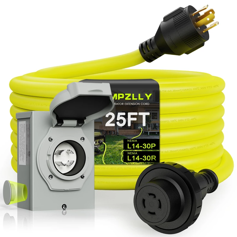 Campzlly - 25ft 30 amp generator cable and NEMA L14-30P/L14-30R 125/250V power input box rotary lock connector with pre-punched generator input box