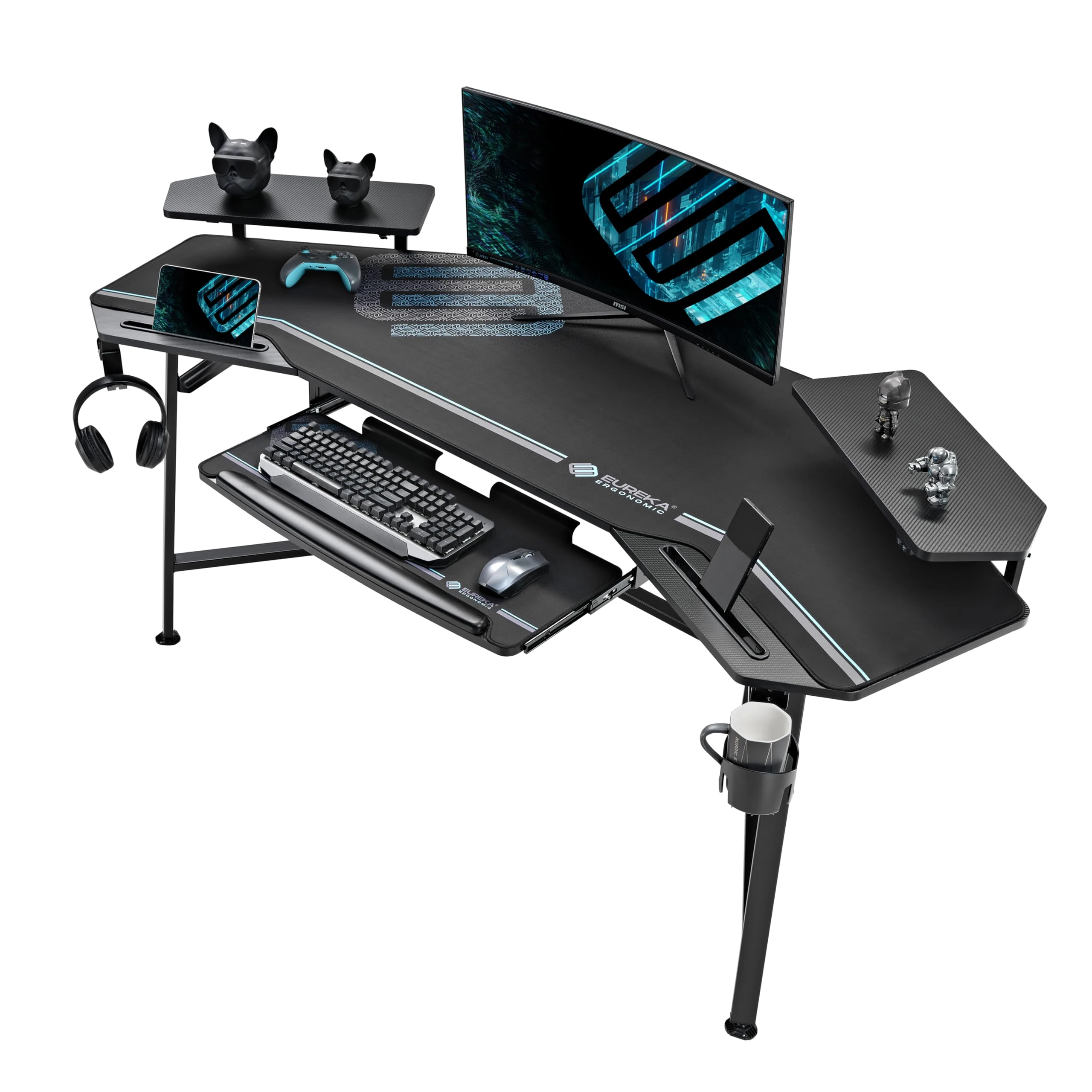 EUREKA ERGONOMIC Aero 182 x 76cm Gaming Desk with Keyboard Tray, Large Computer Desk Led Lights, Wing-Shaped Monitor Stand Dual Headphone Hanger Cup Holder for Studio,Streamer,Live,Black