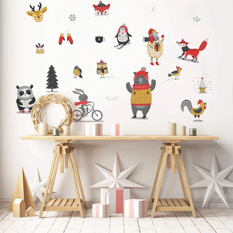 Ambiance Sticker Christmas Merry Christmas Self-Adhesive Stickers Christmas Decoration for Bedroom and Living Room Winter Animals – H110 x L180 cm