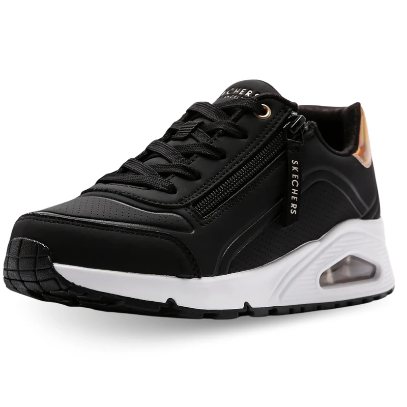 Skechers Girl's Uno Gen1 Zip and Stride Sneakers, Black Synthetic/Rose Gold Trim, 12.5 UK Child
