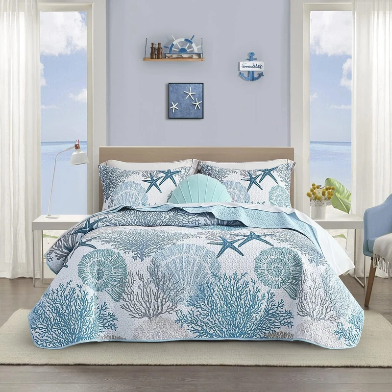 Tritard 3 Piece Coastal Quilt Sets California King Size - Reversible Microfiber Quilts with 2 Shams Soft Lightweight Beach Bedding Nautical Bedspread Summer Coverlet for All Season, 118''x106''