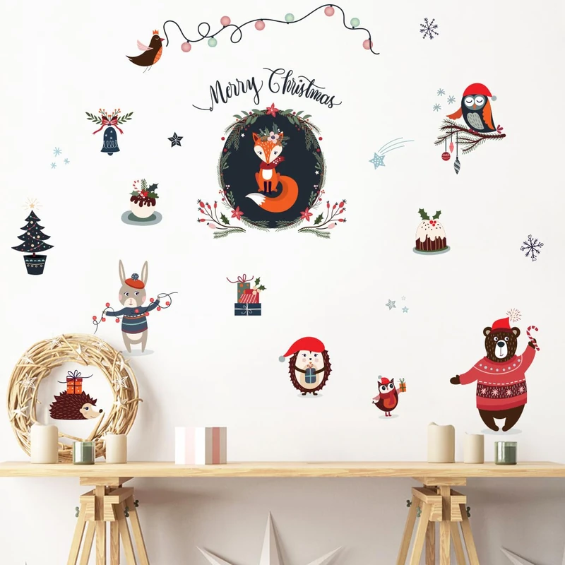 Ambiance Sticker Christmas Self-Adhesive Stickers Christmas Decoration for Bedroom and Living Room Forest Animals Merry Christmas – H120 x L150 cm