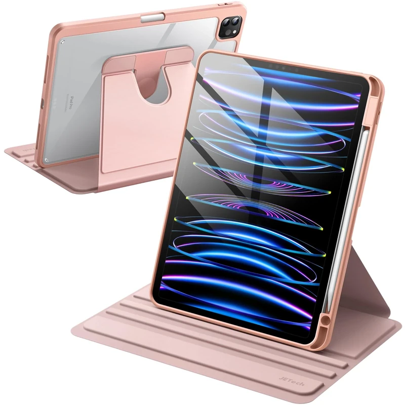 JETech Rotating Case for iPad Pro 11-Inch 2022/2021(4th/3rd gen) with Pencil Holder, 360 Degree Rotation Protective Stand Cover Clear Back, Auto Wake/Sleep (Rose Gold)