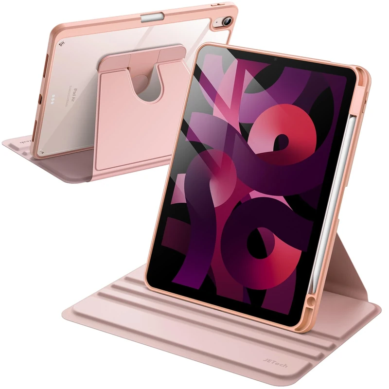 JETech Rotating Case for iPad Air 11-Inch M3/M2 (2025/2024), iPad Air 5/4 (2022/2020 5th/4th Generation), 360 Degree Rotation Protective Stand Cover Clear Back, Auto Wake/Sleep (Rose Gold)