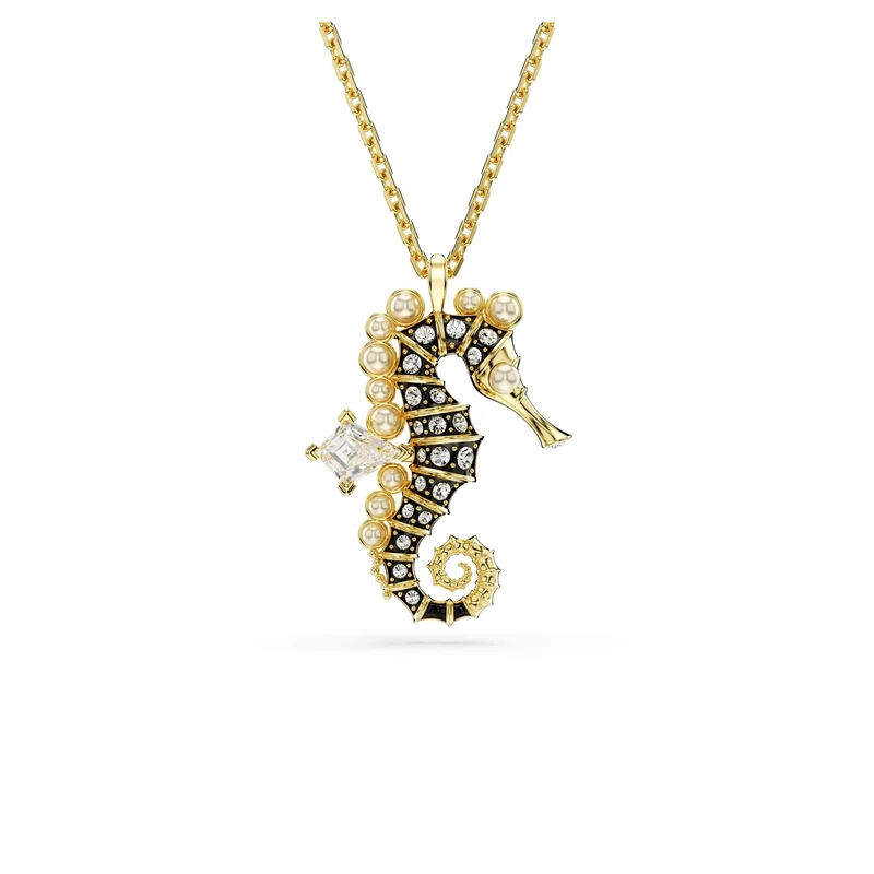 Swarovski Idyllia pendant, Crystal pearls, Seahorse, Blue, Gold-tone plated