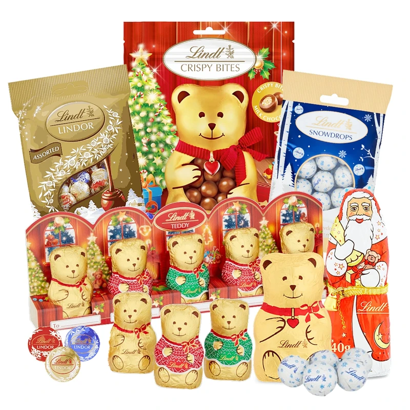 Christmas Lindt Chocolates for Stocking Fillers - Selection of 6 Ultimate Irresistibly Smooth Milk Chocolate Golden Teddy, Santa, Truffles Bulk Buy 400g with Topline Card. Christmas Gifts for Kids