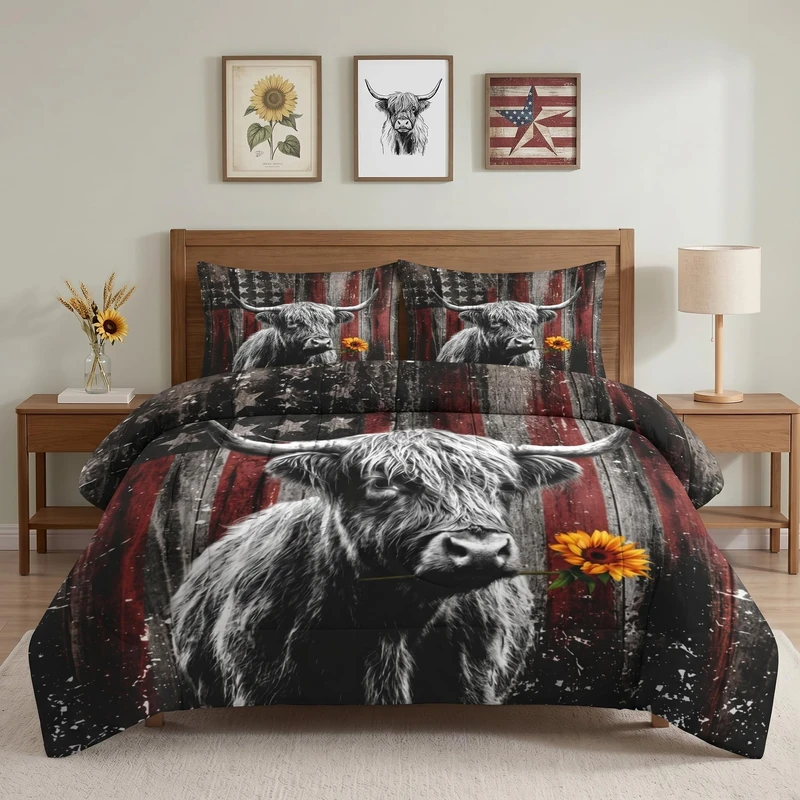 WeCozy Queen Size Comforter Set with 2 Pillowcases, Highland Cow Animal 3 Pcs Bedding for Kids and Adults, Farm American Flag Soft Comforter Set for Bedroom Bed Decor