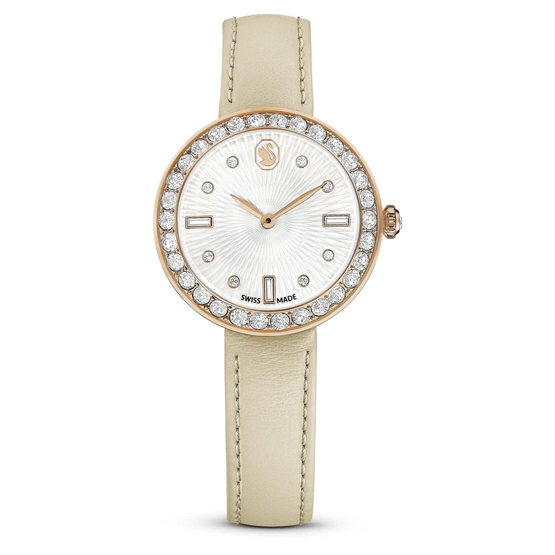 Swarovski Certa watch, Swiss Made, Leather strap, Beige, Rose gold-tone finish
