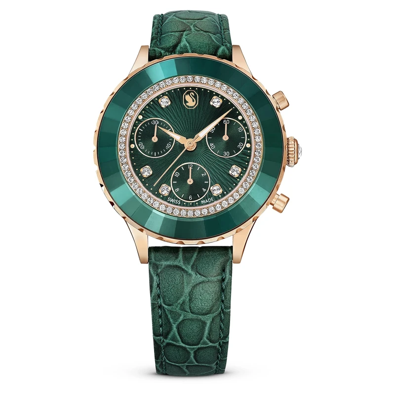 Swarovski Octea Chrono watch, Swiss Made, Leather strap, Green, Rose gold-tone finish