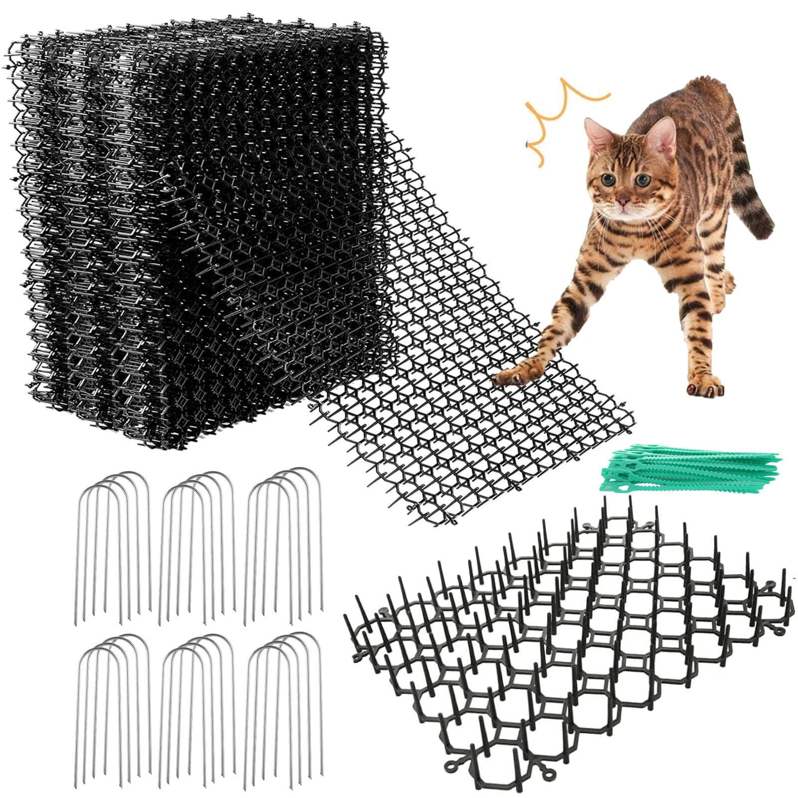 MUXHEL 24 SET Anti Cat Spikes, 15x20 cm Plastic Cat Spikes for Garden, Cat Scat Mat with Spikes Cat Deterrent Spikes for Garden, Indoor and Outdoor with 24 U-Shaped Pegs+40 Cable Ties