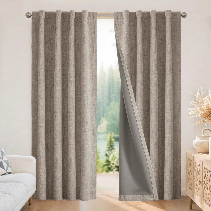 Joydeco 100% Black Out Curtains 108 inch Long 1 Panel Burg Natural Blackout Linen Drapes for Bedroom Living Room Darkening Curtain Thermal Insulated Back tab Rod Pocket(70x108 inch,Linen)