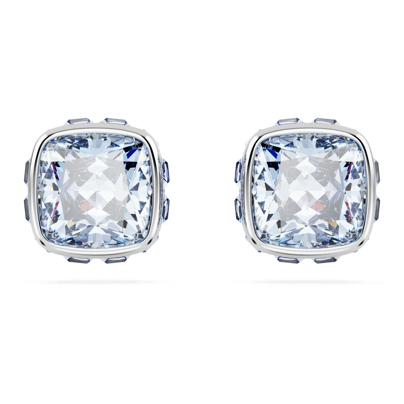 Swarovski Birthstone stud earrings, Square cut, March, Blue, Rhodium plated