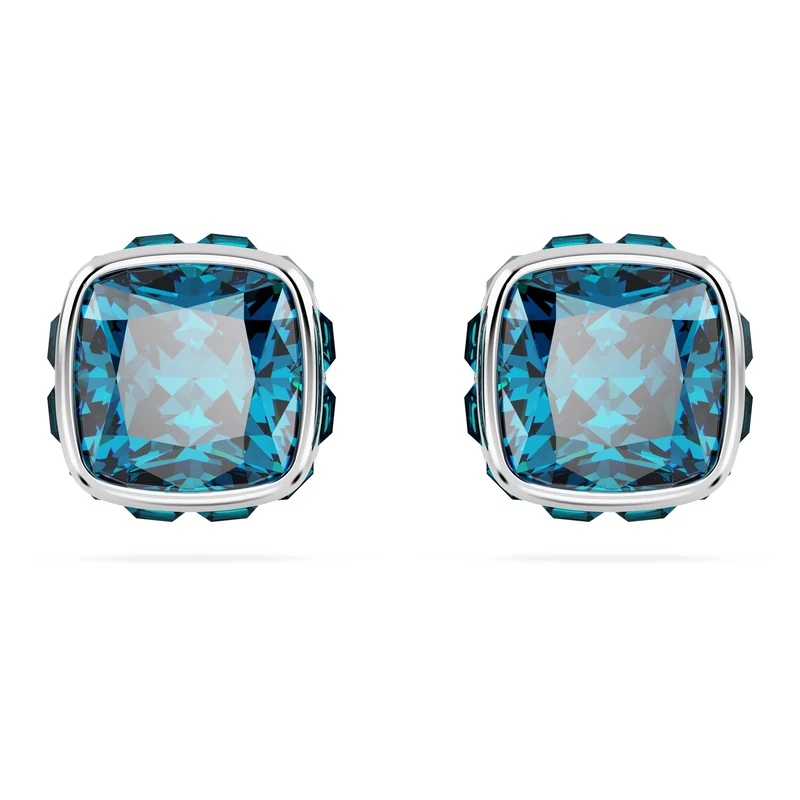 Swarovski Birthstone stud earrings, Square cut, December, Blue, Rhodium plated