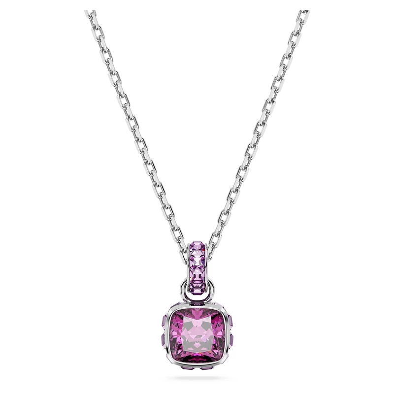 Swarovski Birthstone pendant, Square cut, February, Pink, Rhodium plated