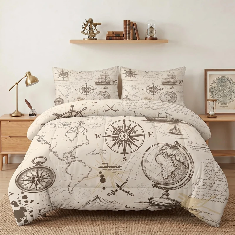 Pamnest Comforter Set Full Size, Adventure Map Vintage Soft 3 Pcs Bedding for Kids and Adults, Rose Nautical Pirate Comforter Set with 2 Pillowcases, for Bedroom Bed Decor